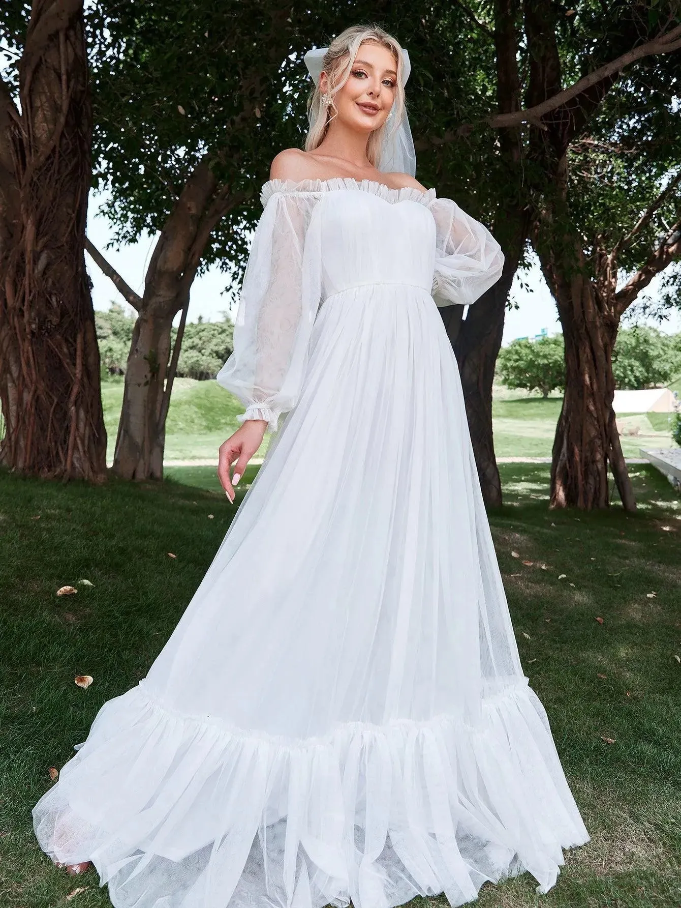 Off Shoulder Lantern Sleeve Mesh Wedding Dress