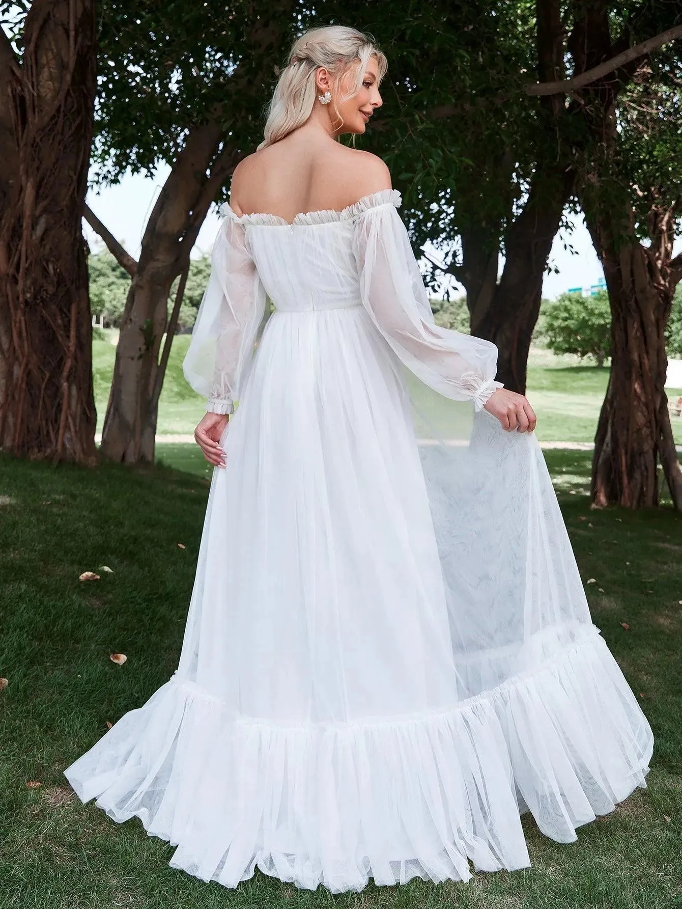 Off Shoulder Lantern Sleeve Mesh Wedding Dress