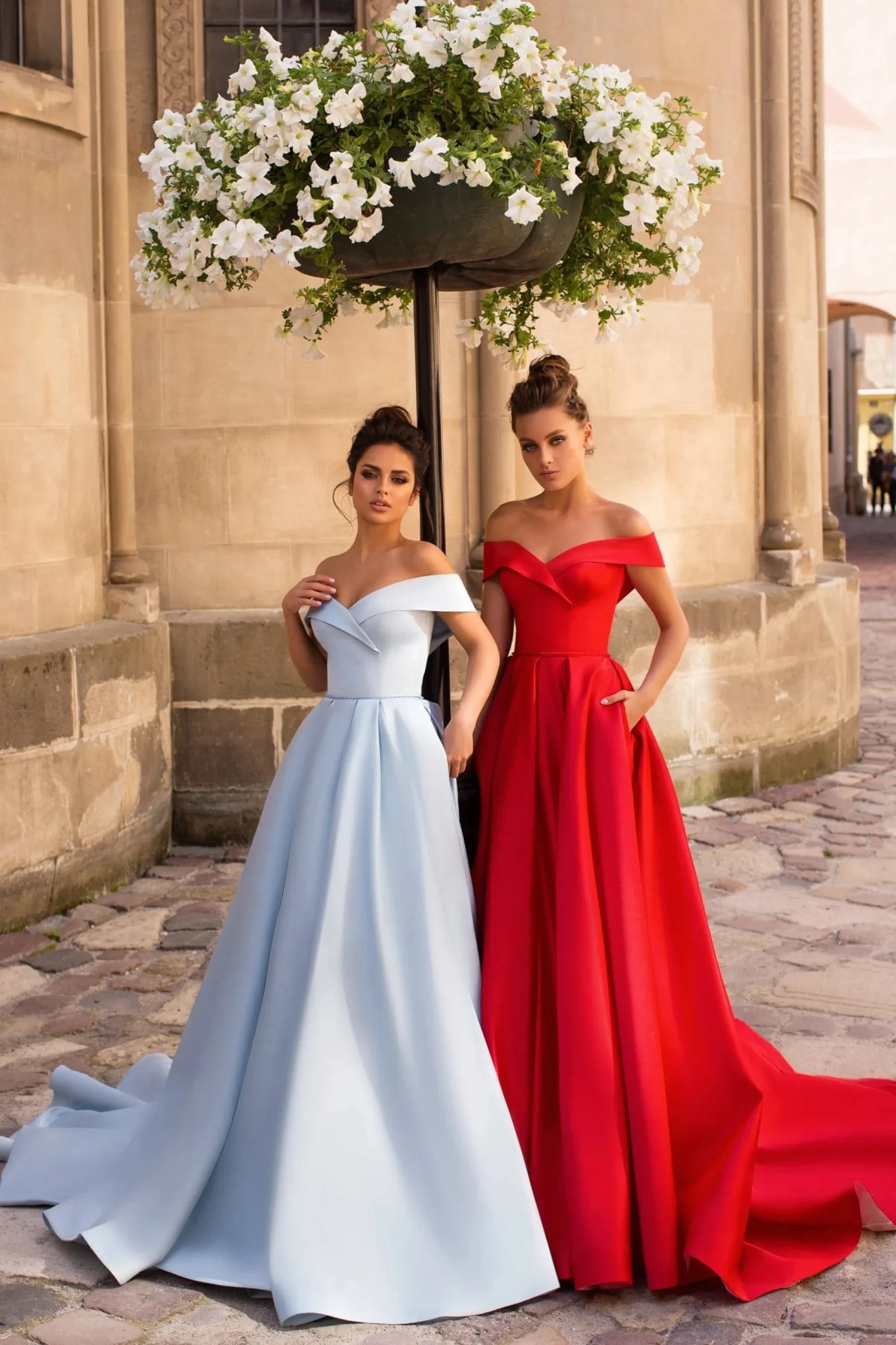 Off-Shoulder Red Evening Gown with Pockets