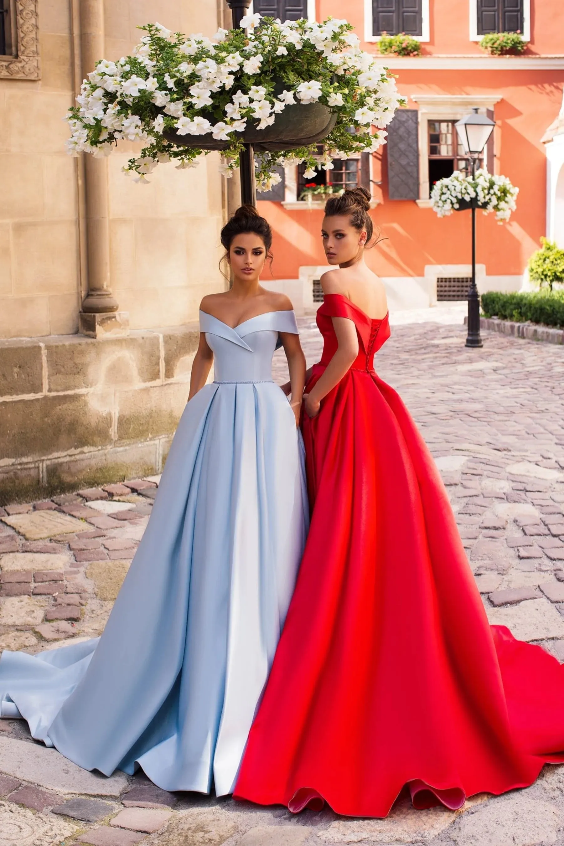 Off-Shoulder Red Evening Gown with Pockets