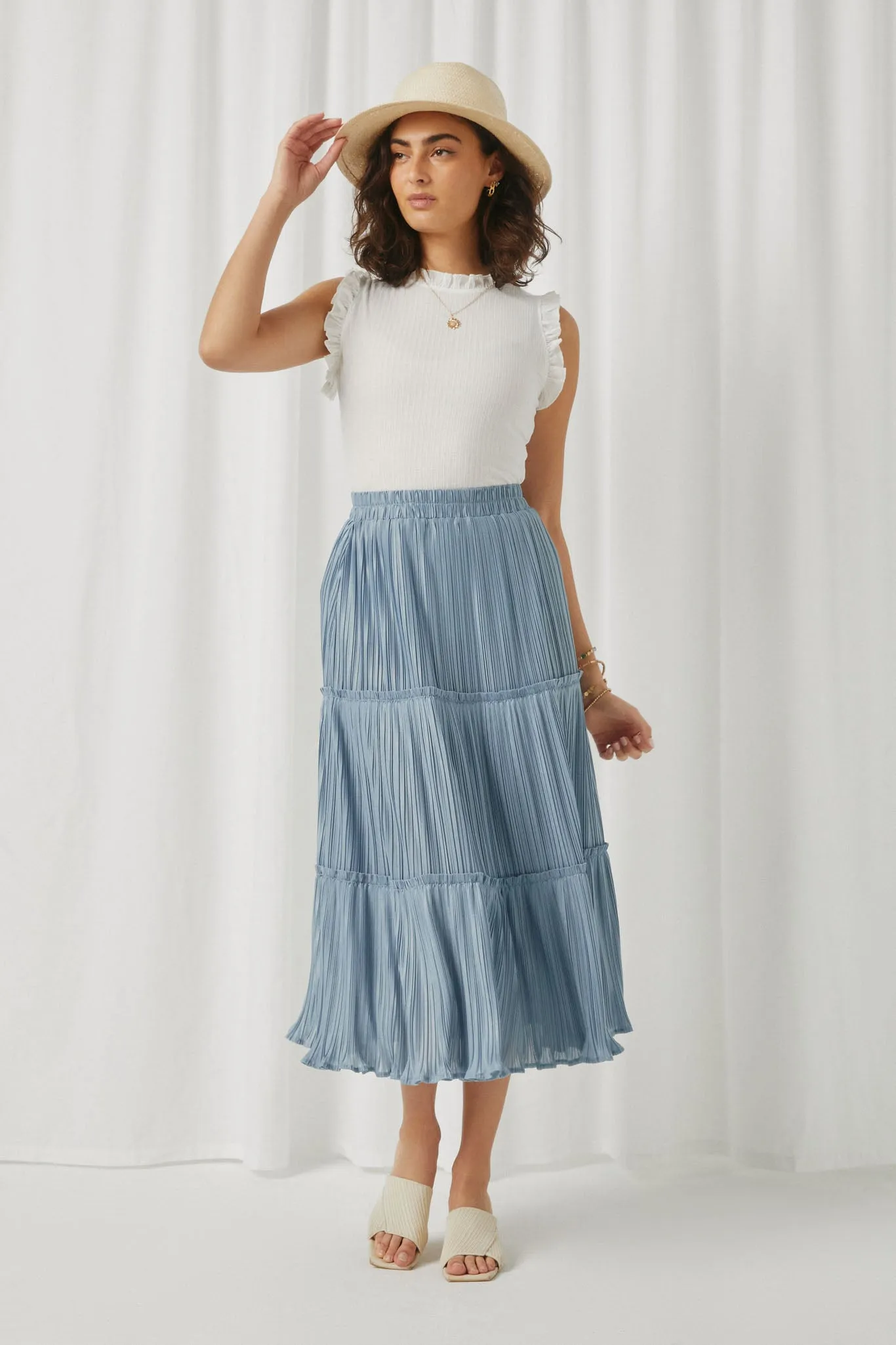 Pleated Ruffle Seam Elastic Waist Skirt