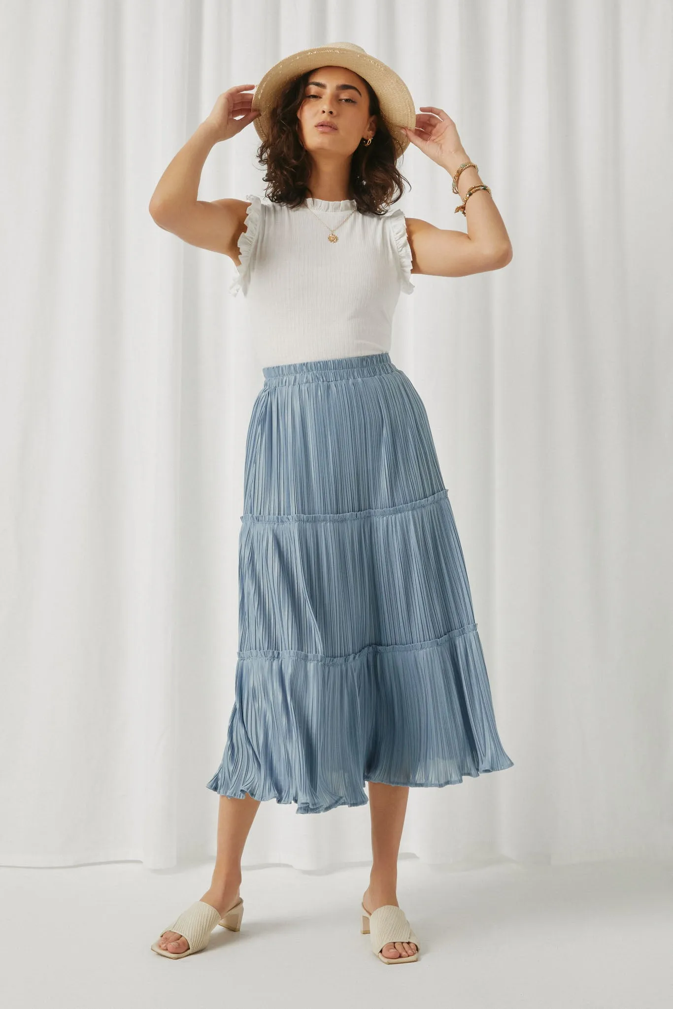 Pleated Ruffle Seam Elastic Waist Skirt