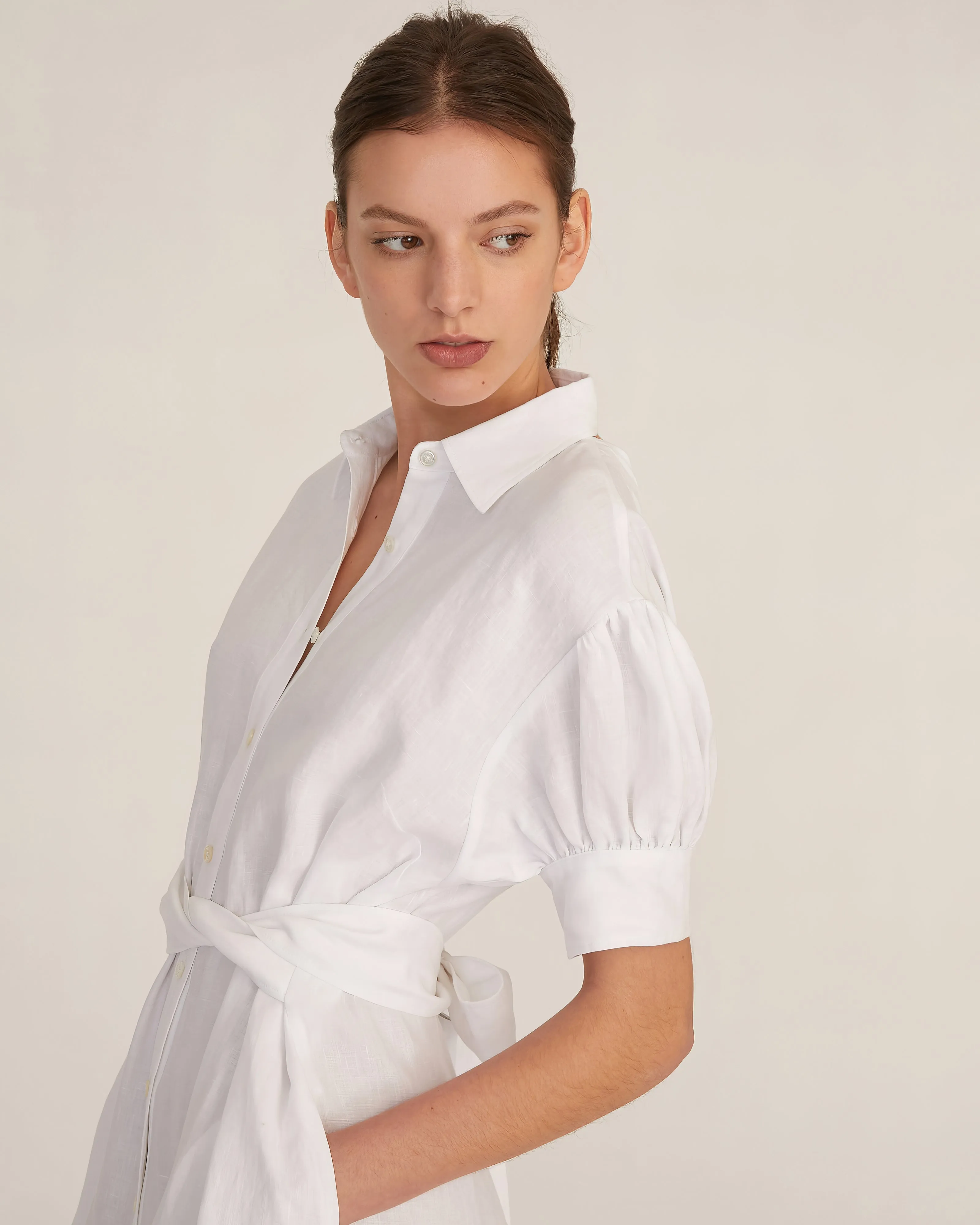 Presley Linen U-Back Button Down Midi Dress in Linen White