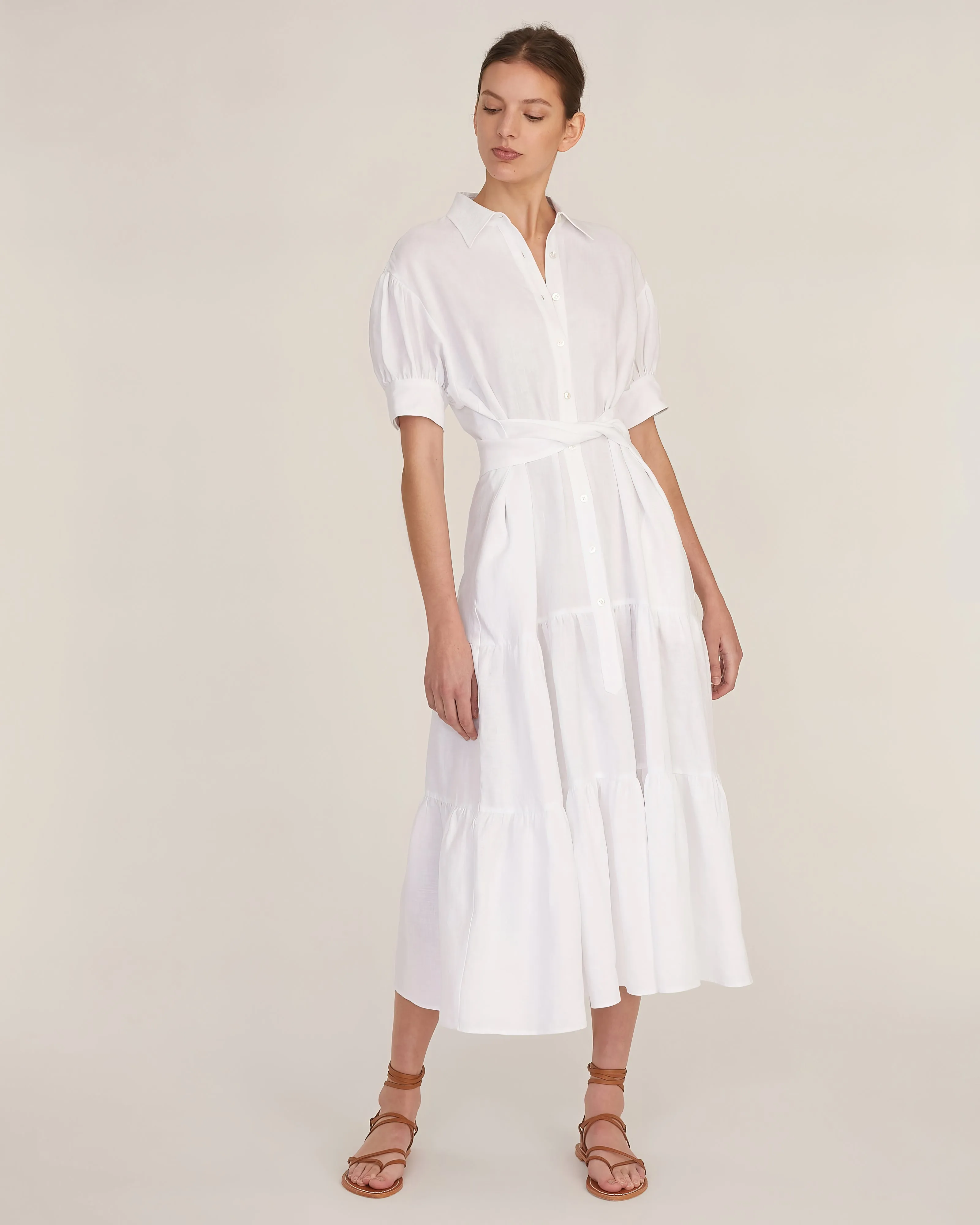 Presley Linen U-Back Button Down Midi Dress in Linen White