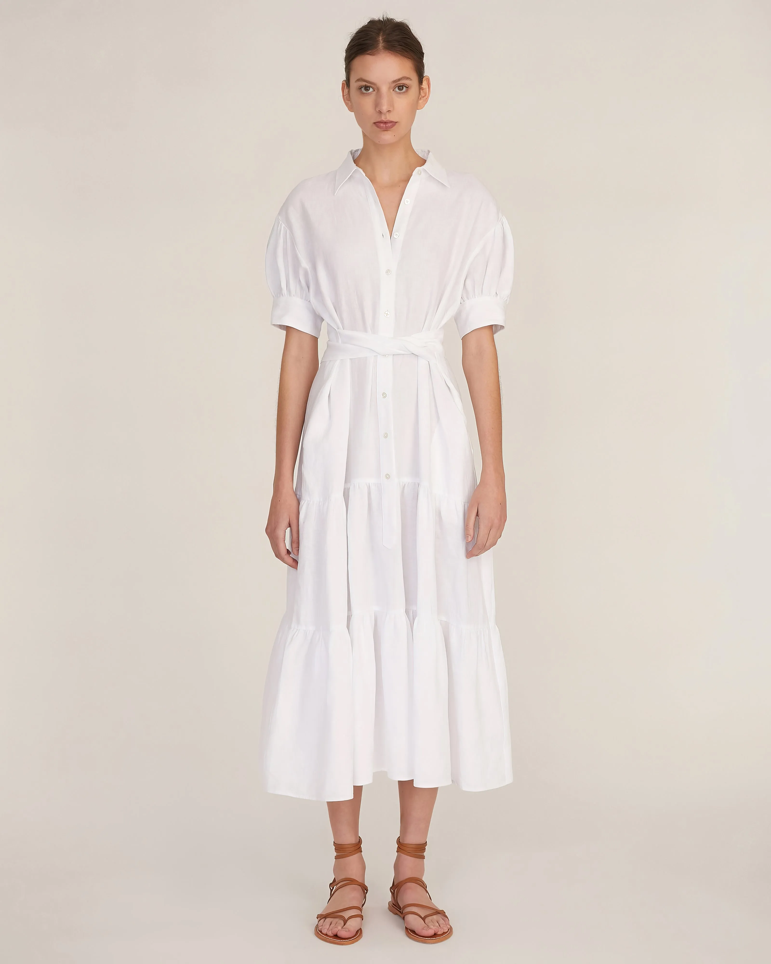 Presley Linen U-Back Button Down Midi Dress in Linen White