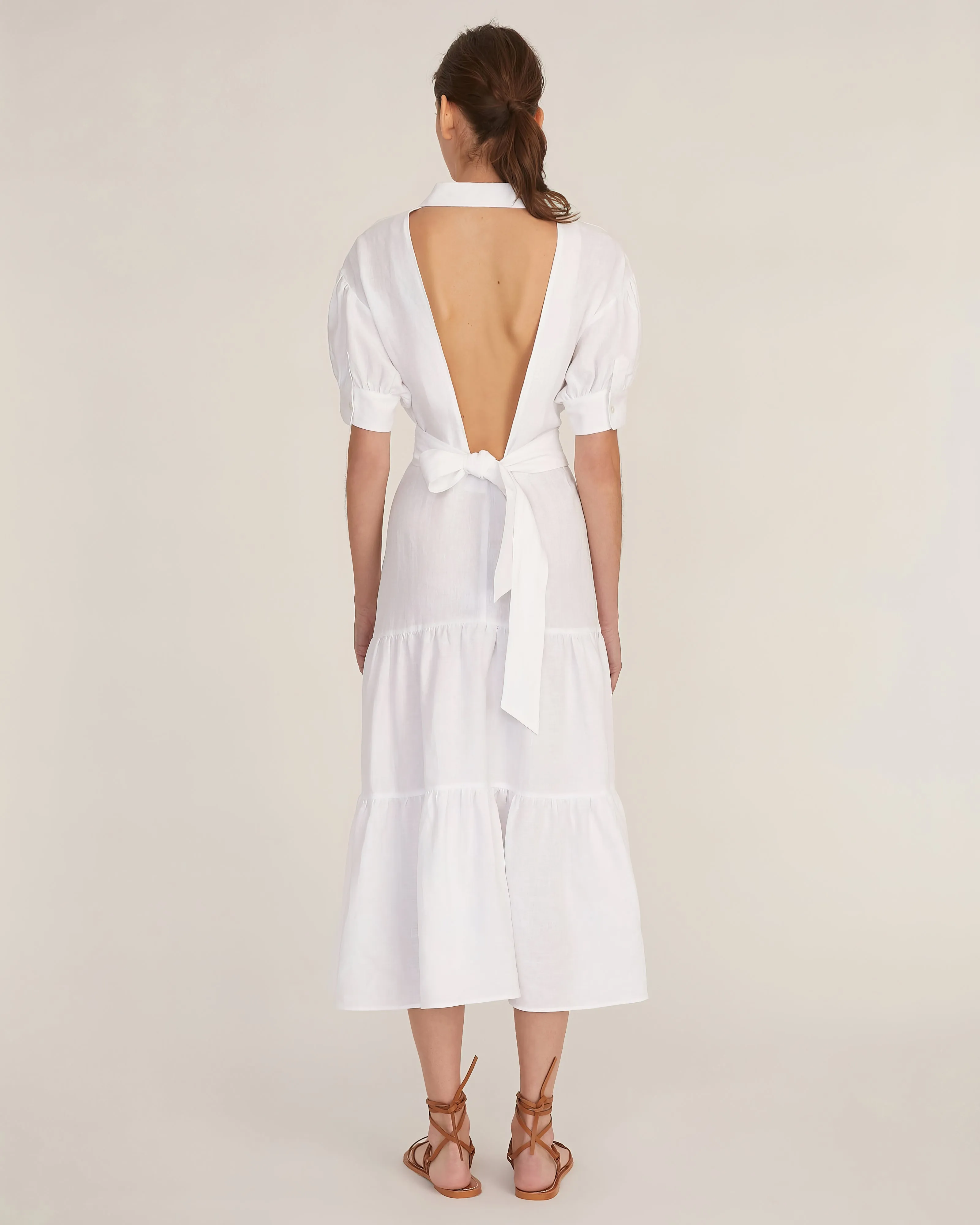 Presley Linen U-Back Button Down Midi Dress in Linen White