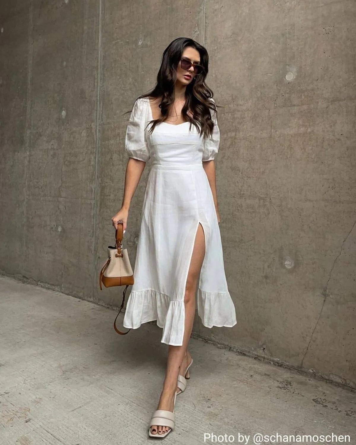 Puff Sleeve Split Hem Midi Dress