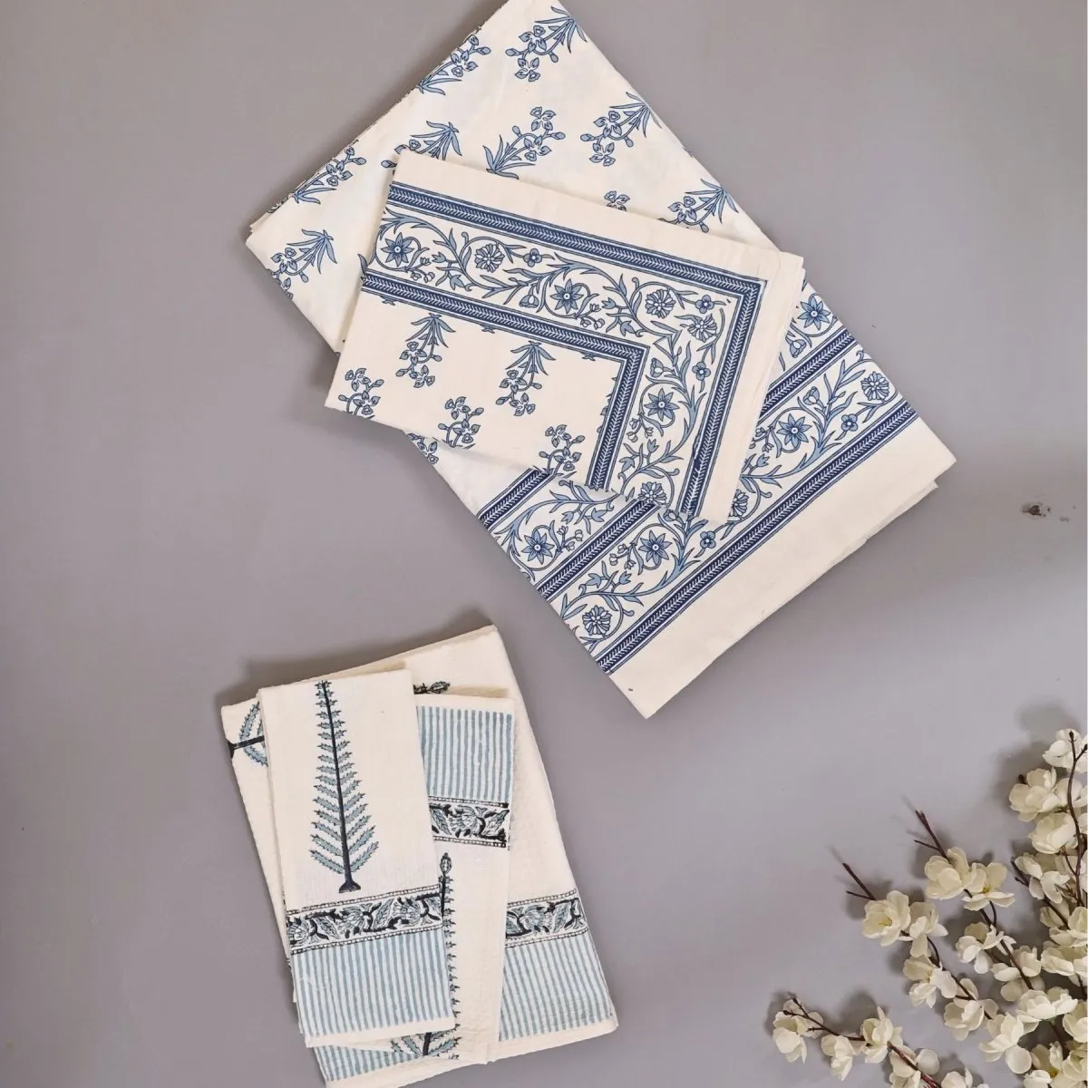 Pure Cotton Bedsheets & Towel Gifting Set| Gifts for Him | White & Blue Floral Pattern | Rakshabandhan Gift | Handmade In India