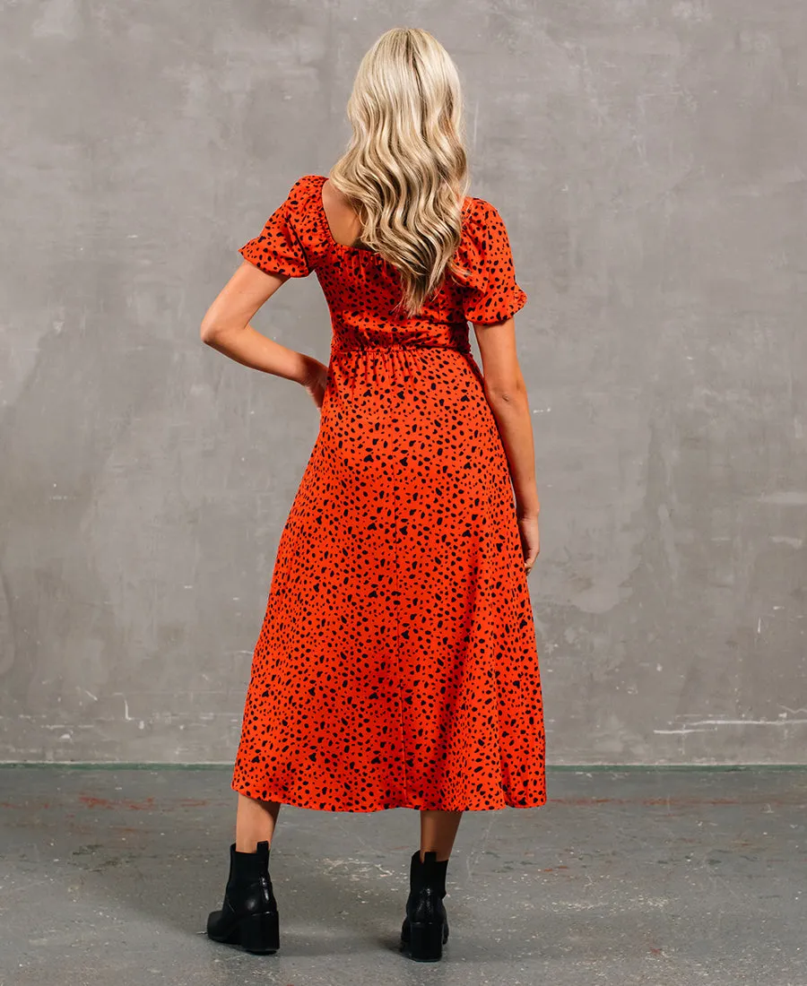 Red Animal Sweetheart Neck Midi Dress