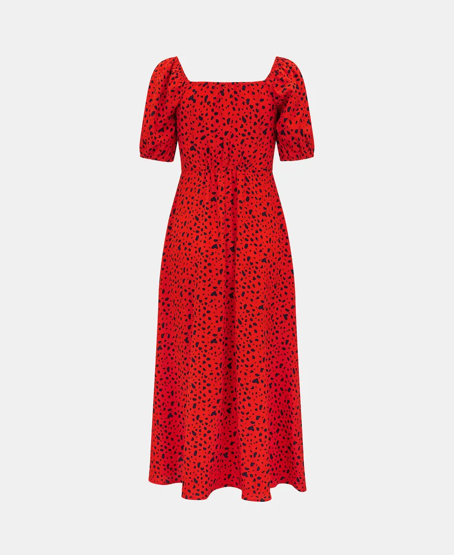 Red Animal Sweetheart Neck Midi Dress