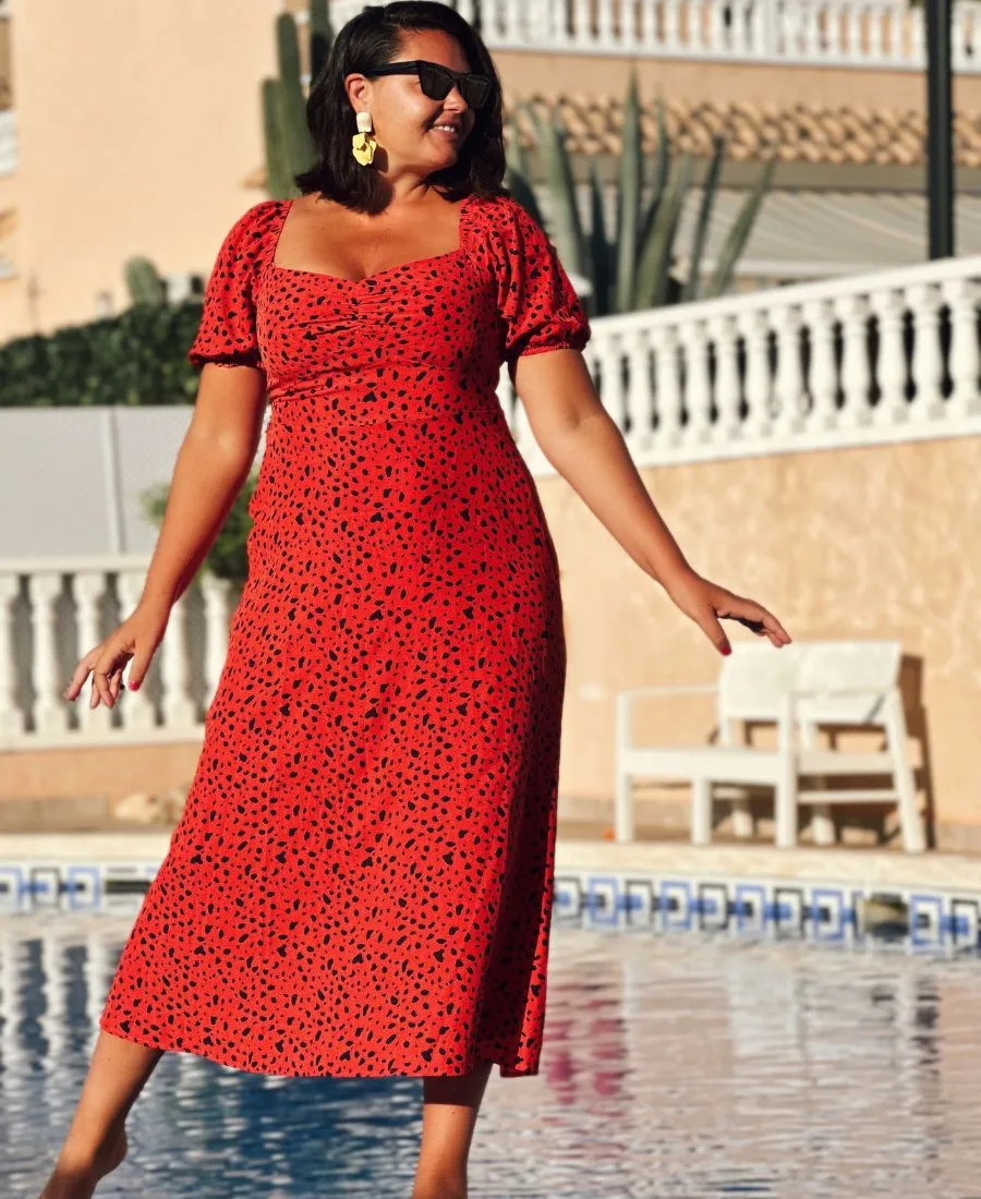 Red Animal Sweetheart Neck Midi Dress