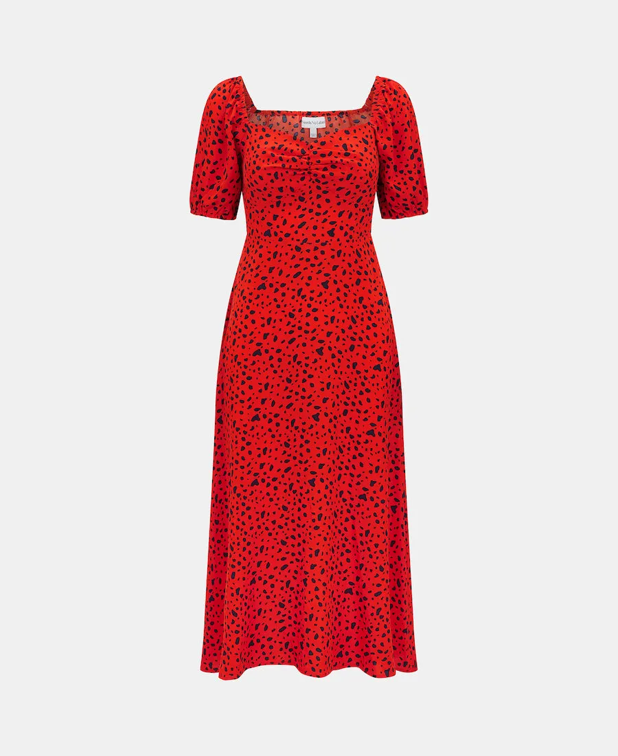 Red Animal Sweetheart Neck Midi Dress