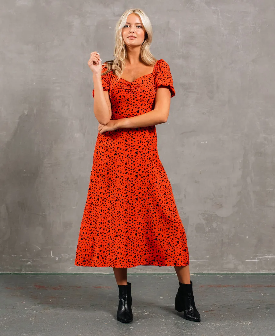 Red Animal Sweetheart Neck Midi Dress