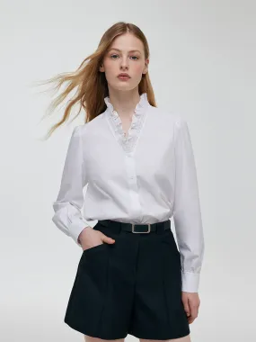 Ruffle Collared V-Neck Women Shirt