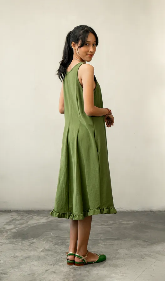 Semi Swing Ruffle Dress Cotton Linen Green - 3 Sizes