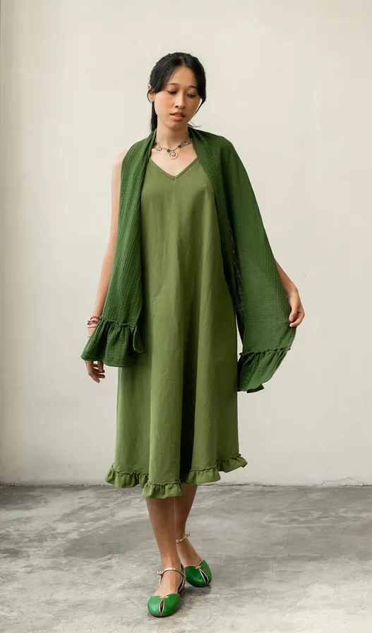 Semi Swing Ruffle Dress Cotton Linen Green - 3 Sizes