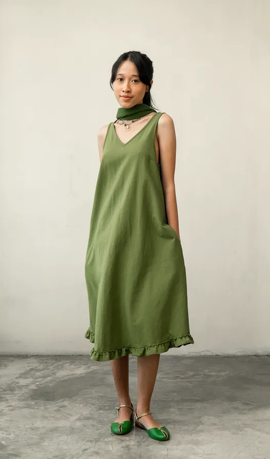 Semi Swing Ruffle Dress Cotton Linen Green - 3 Sizes