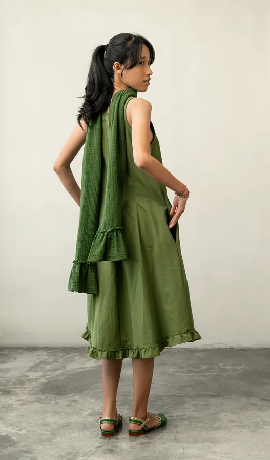 Semi Swing Ruffle Dress Cotton Linen Green - 3 Sizes