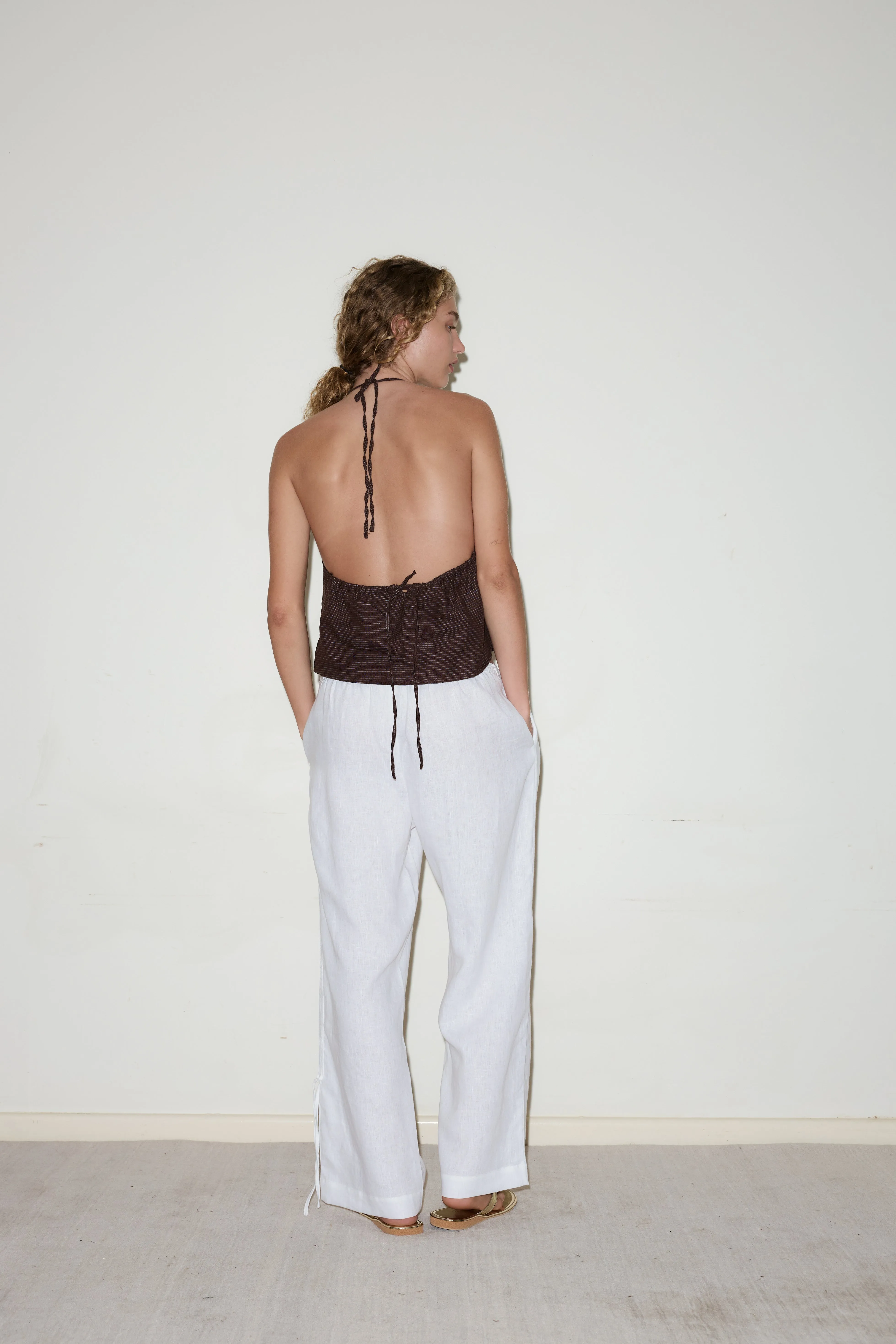 Side Stripe Linen Pant - White