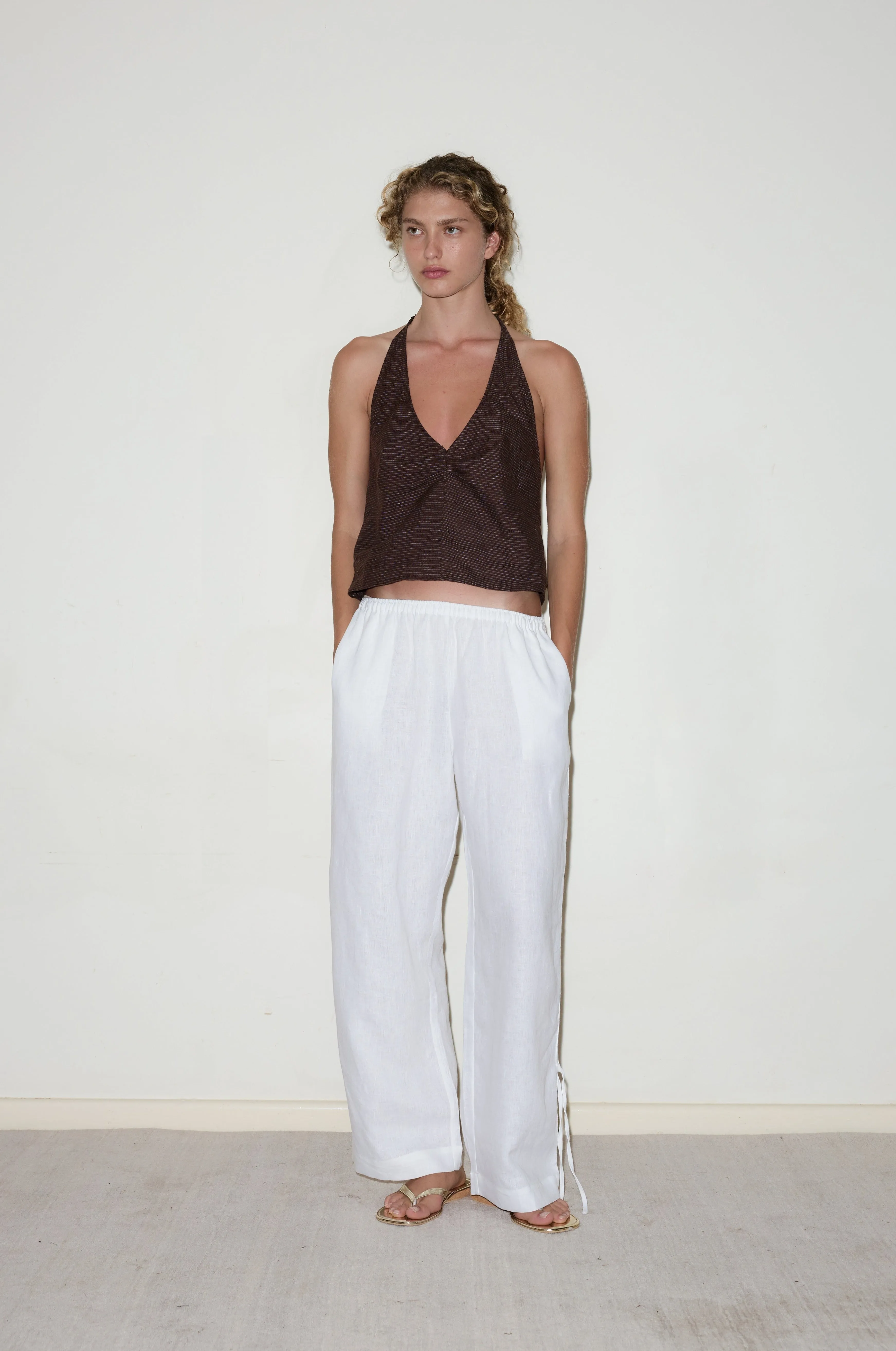 Side Stripe Linen Pant - White