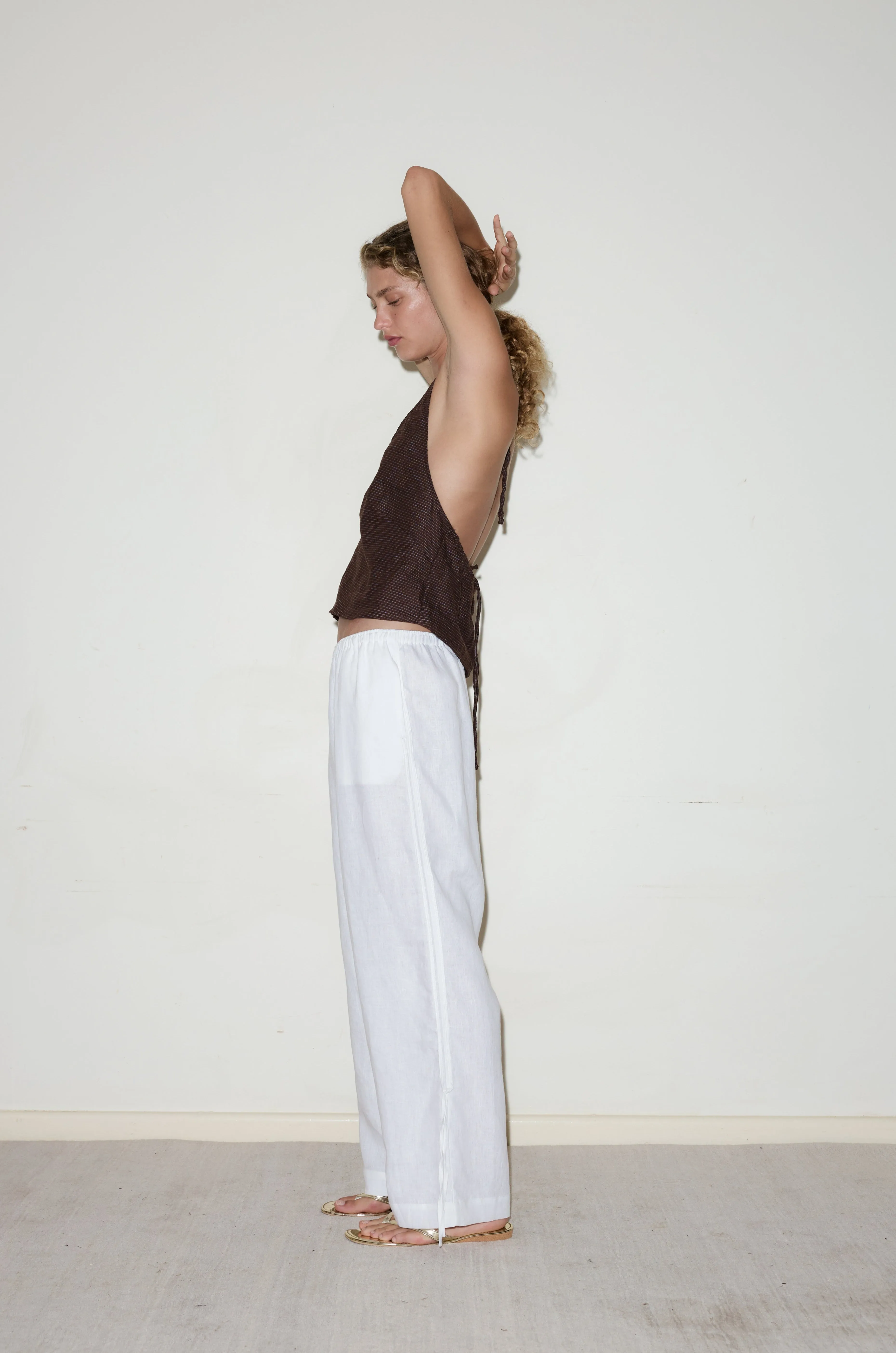 Side Stripe Linen Pant - White