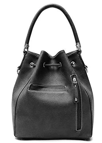 Skull Moto Drawstring Bucket Bag Vegan Leather Women Crossbody