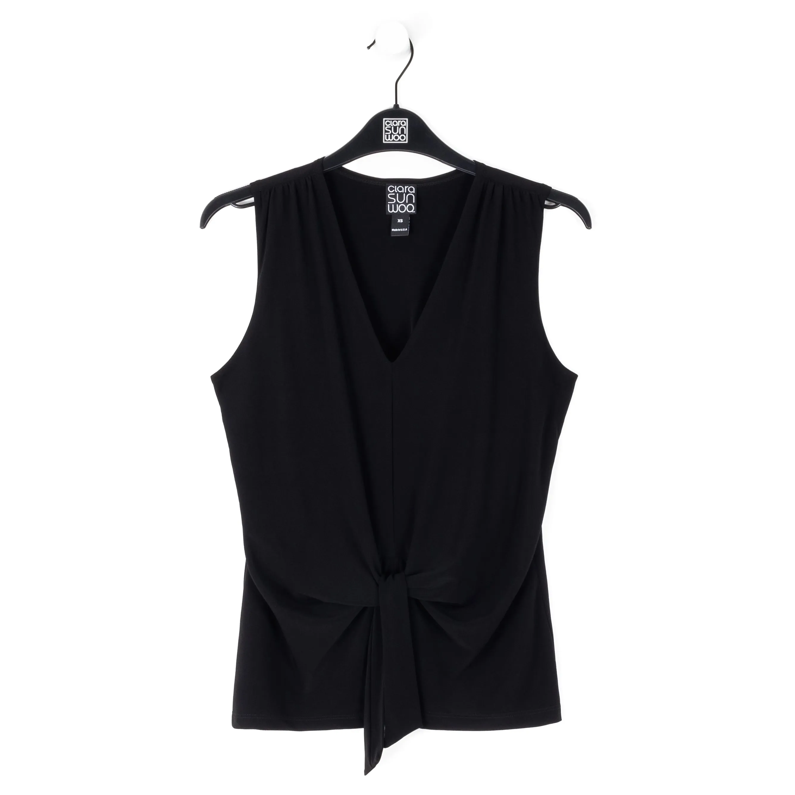 Sleeveless V-Neck Center Front Tie Top - Black