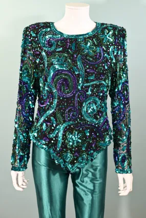 SOLD Vintage 80s Turquoise/Purple Sequin Beaded Top Laurence Kazar M