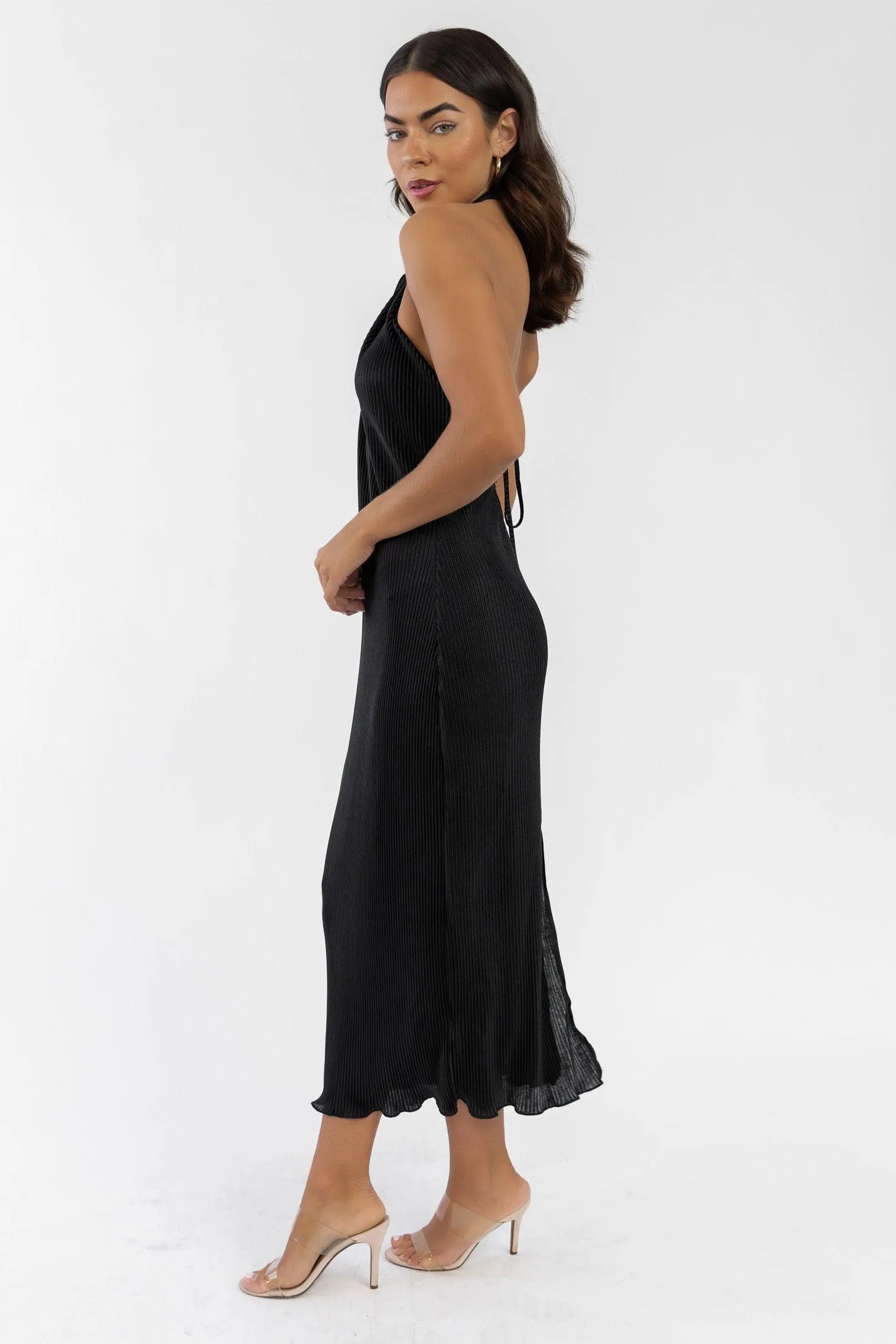 Sunset Secret Black Halter Midi Dress