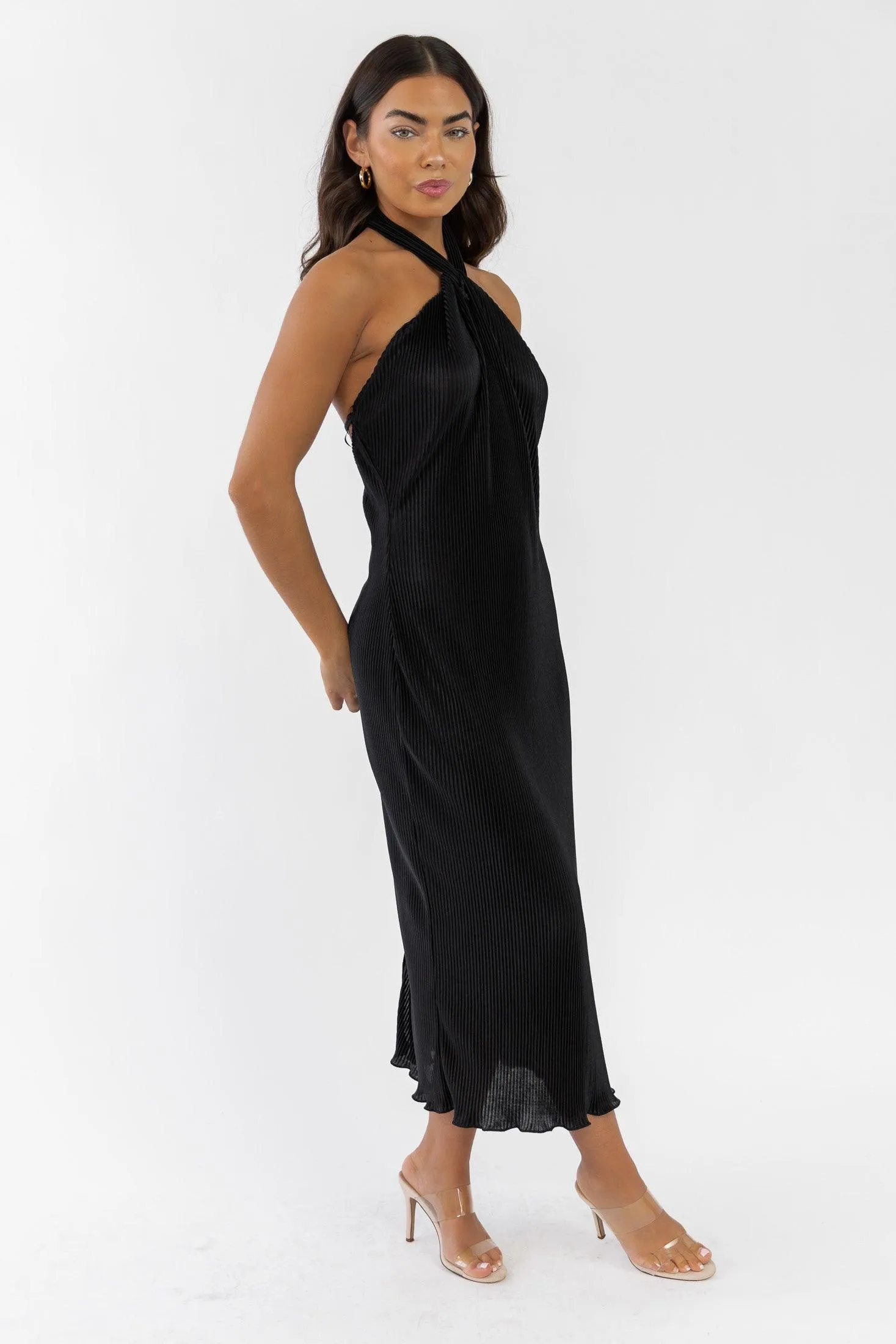 Sunset Secret Black Halter Midi Dress