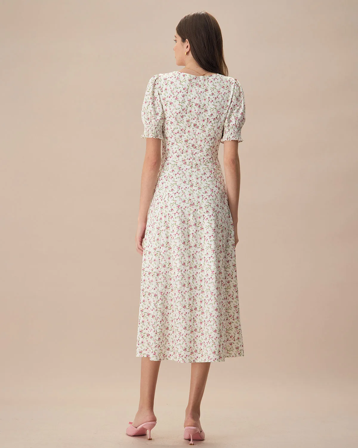 The Beige Sweetheart Neck Puff Sleeve Floral Midi Dress