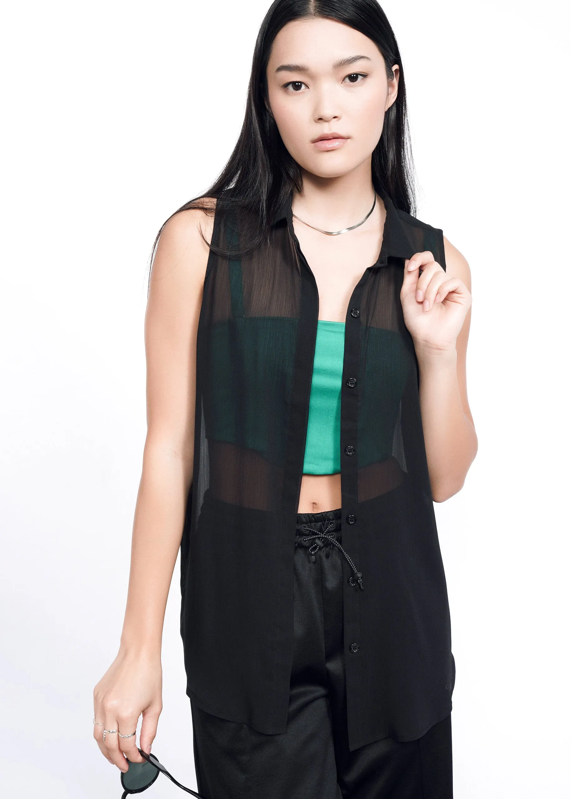 The Empower Sheer Sleeveless Button Up