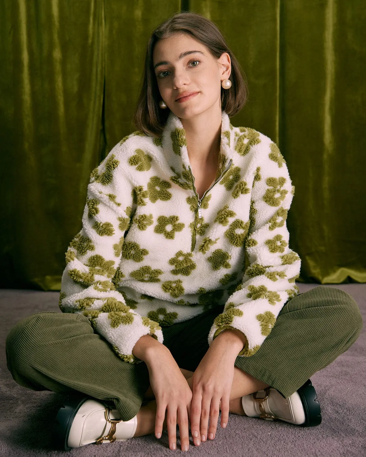 The Green Floral Half Zip Fleece Sweatshirt