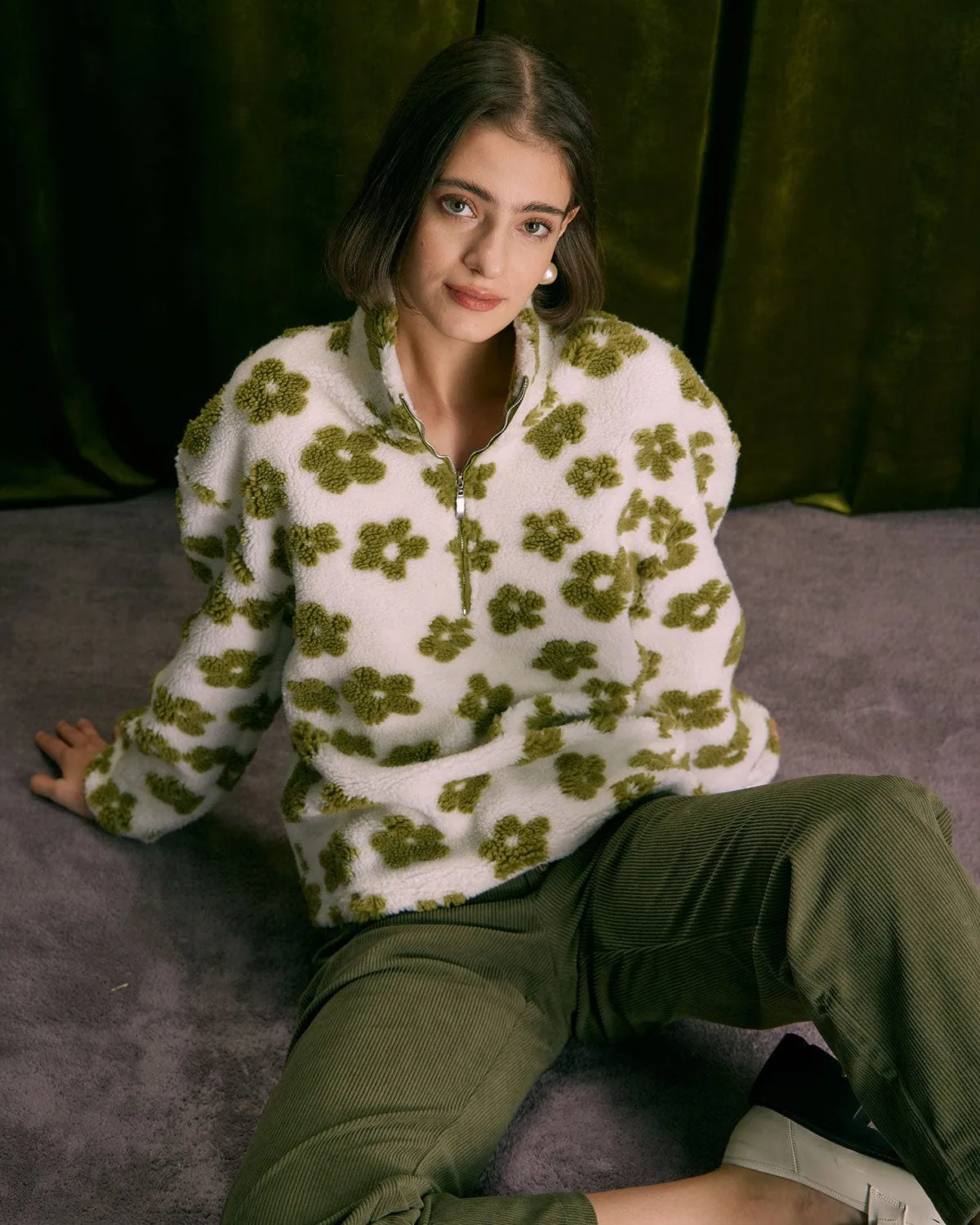 The Green Floral Half Zip Fleece Sweatshirt