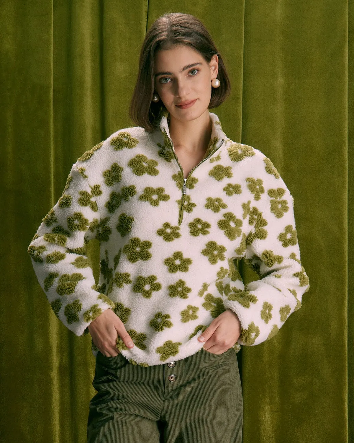 The Green Floral Half Zip Fleece Sweatshirt