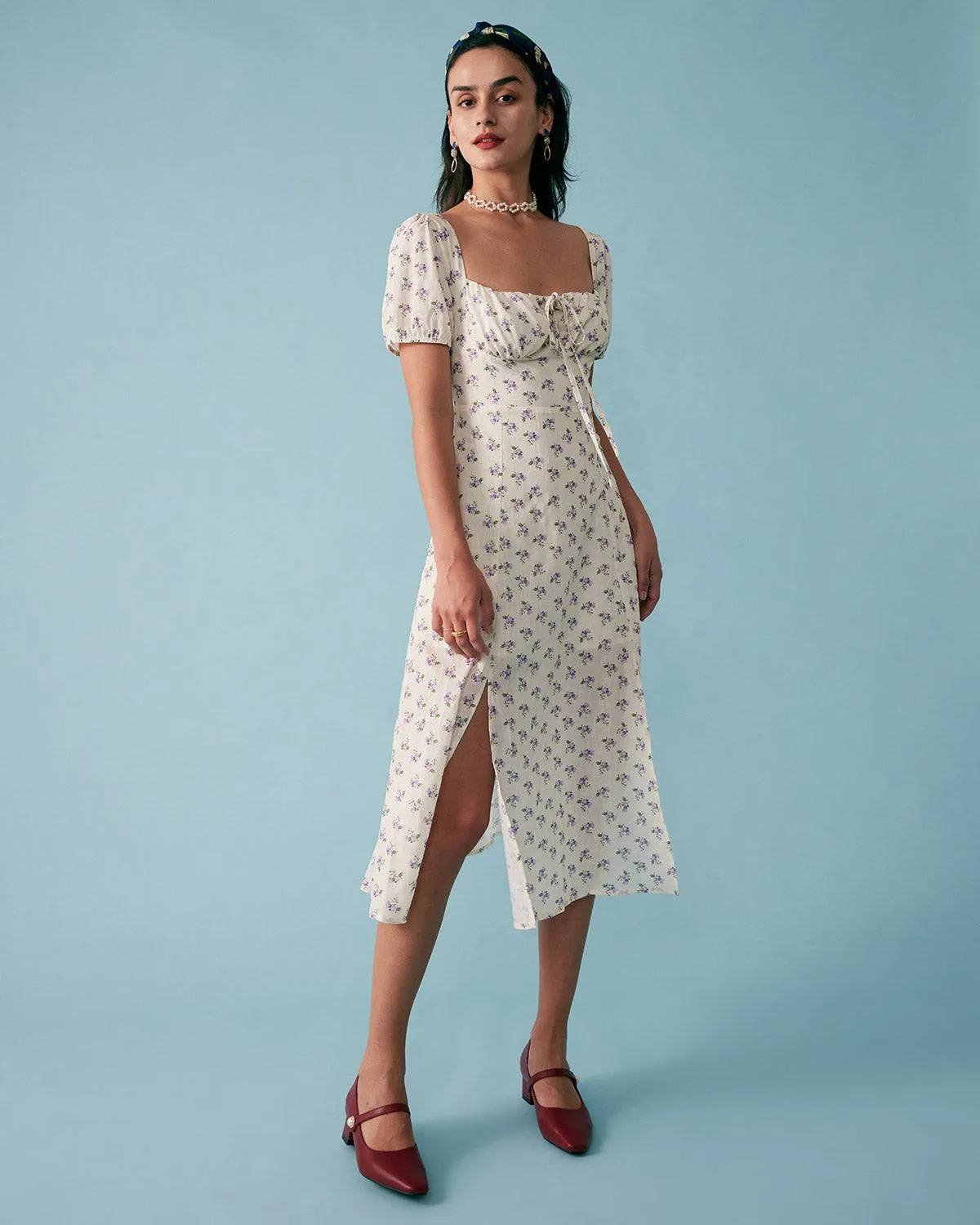 The Short Sleeve Floral Ruched Midi Dress