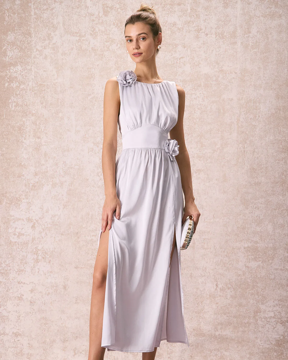 The Silver Boat Neck Floral Satin Maxi Dress