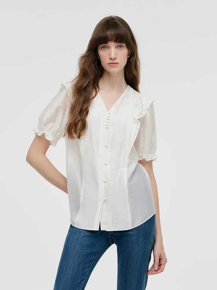 V-Neck Ruffle Puff Sleeves Women Blouse