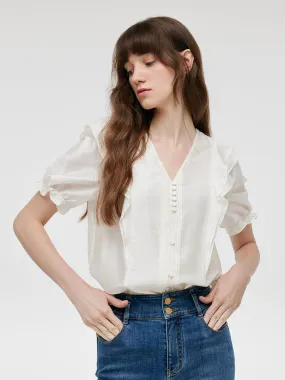 V-Neck Ruffle Puff Sleeves Women Blouse