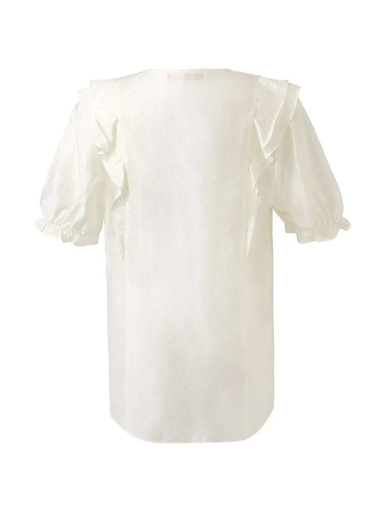 V-Neck Ruffle Puff Sleeves Women Blouse