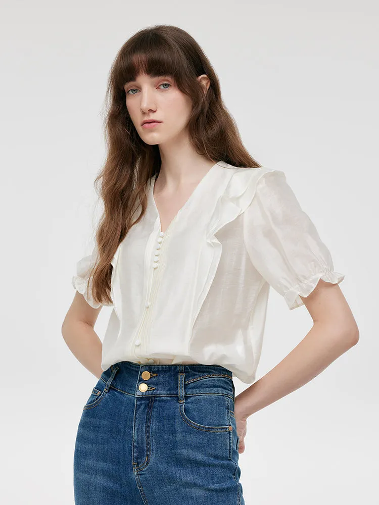 V-Neck Ruffle Puff Sleeves Women Blouse