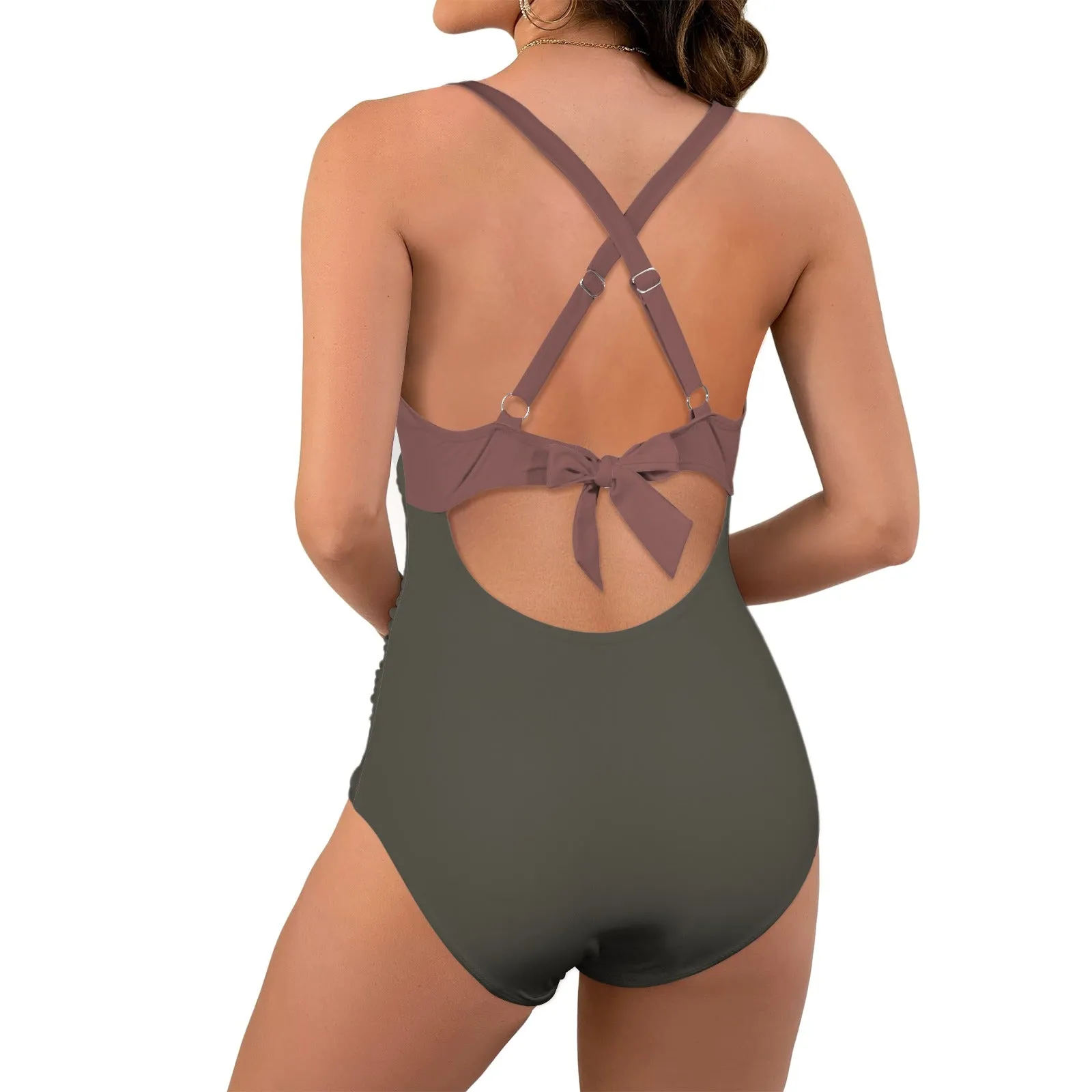 Vampire Art Chic Twist Front Tie Back Swimsuit - Charcoal And Rust