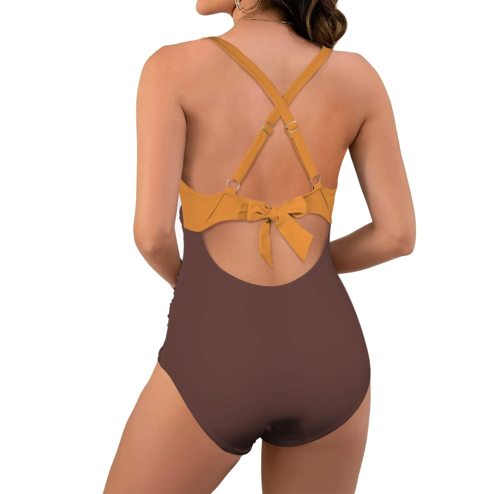 Vampire Art Chic Twist Front Tie Back Swimsuit - Retro Brown and Mustard