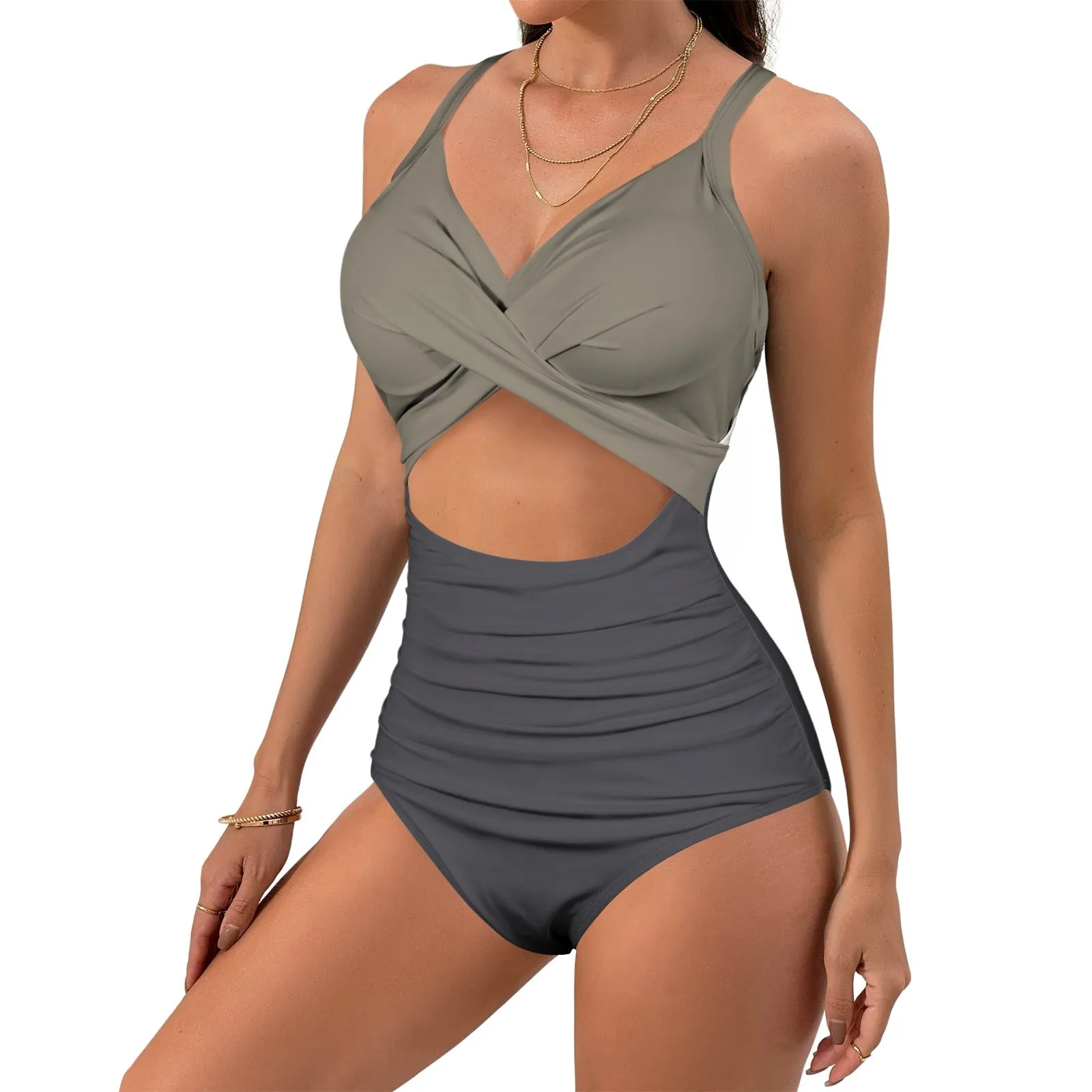 Vampire Art Chic Twist Front Tie Back Swimsuit - Taupe