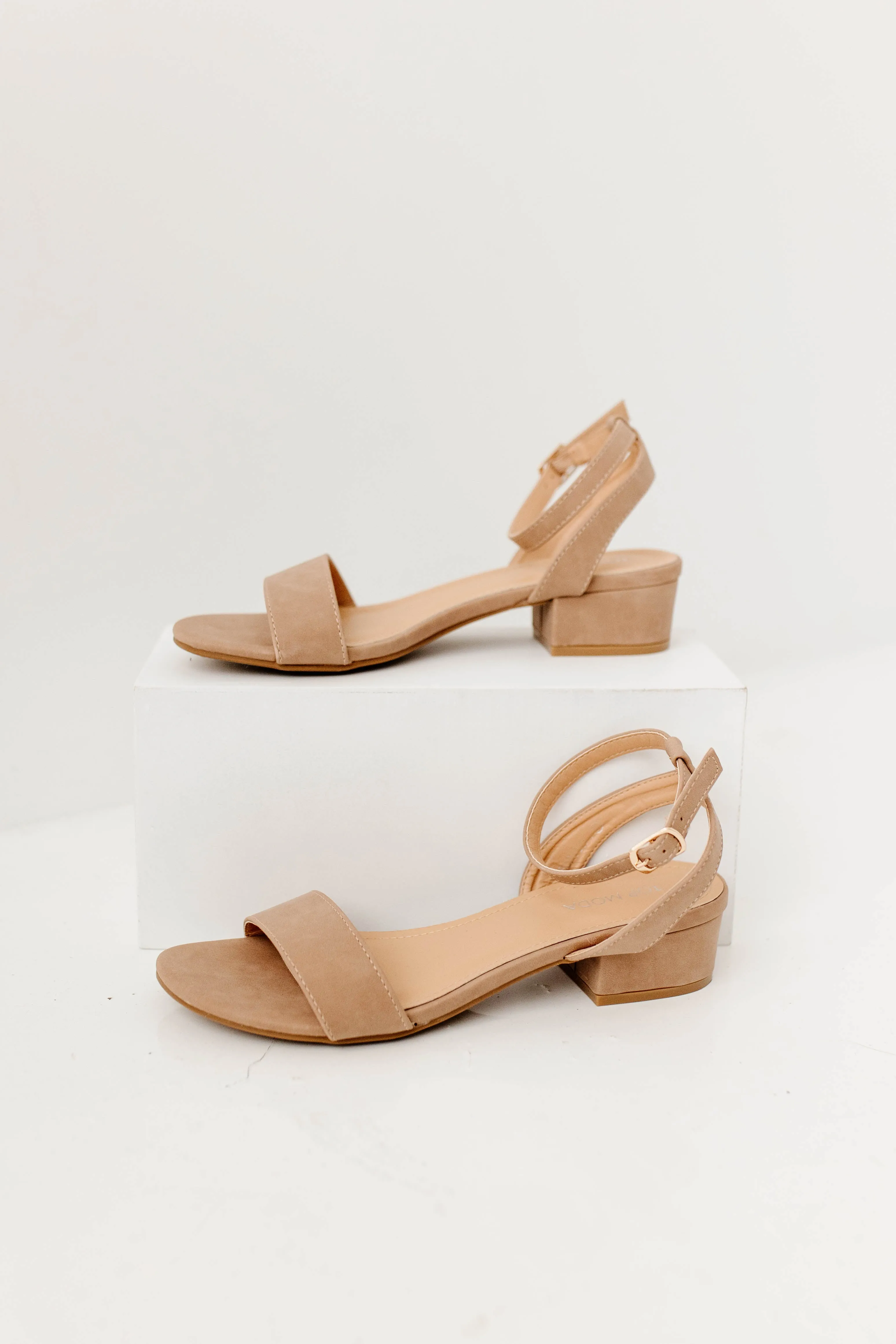 'Vienna' Low Heel Ankle Strap Sandals in Taupe