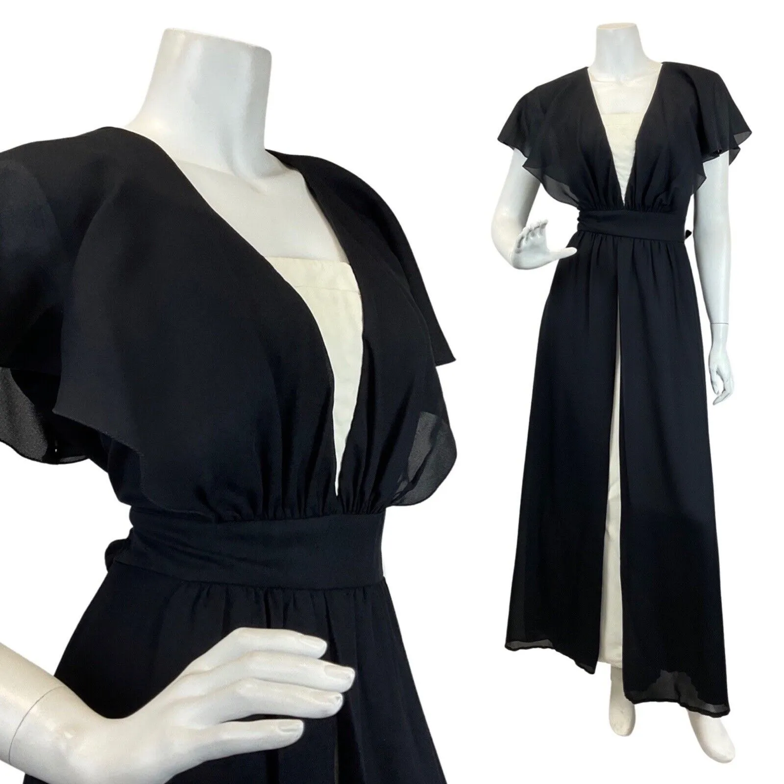 VINTAGE 60s 70s BLACK WHITE MONOCHROME MOD DISCO SHEER MAXI DRESS 10