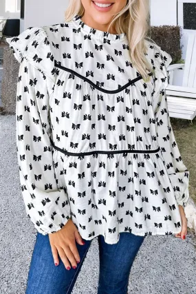 White Bow Knot Print Piping Trim Ruffled Crew Neck Blouse