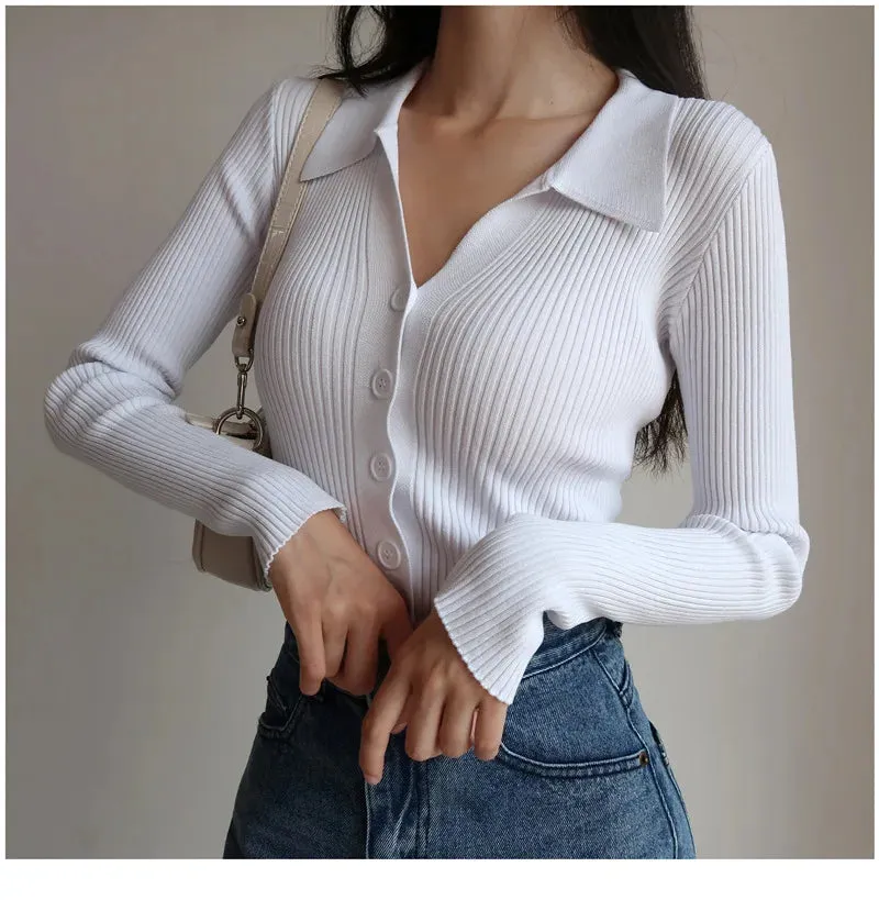 Women 2023 New Lapel Slim Slimming Tops Ladies Hollow Buttons Sexy V Neck Long Sleeve POLO Neck Knit Cardigan Sweater Women