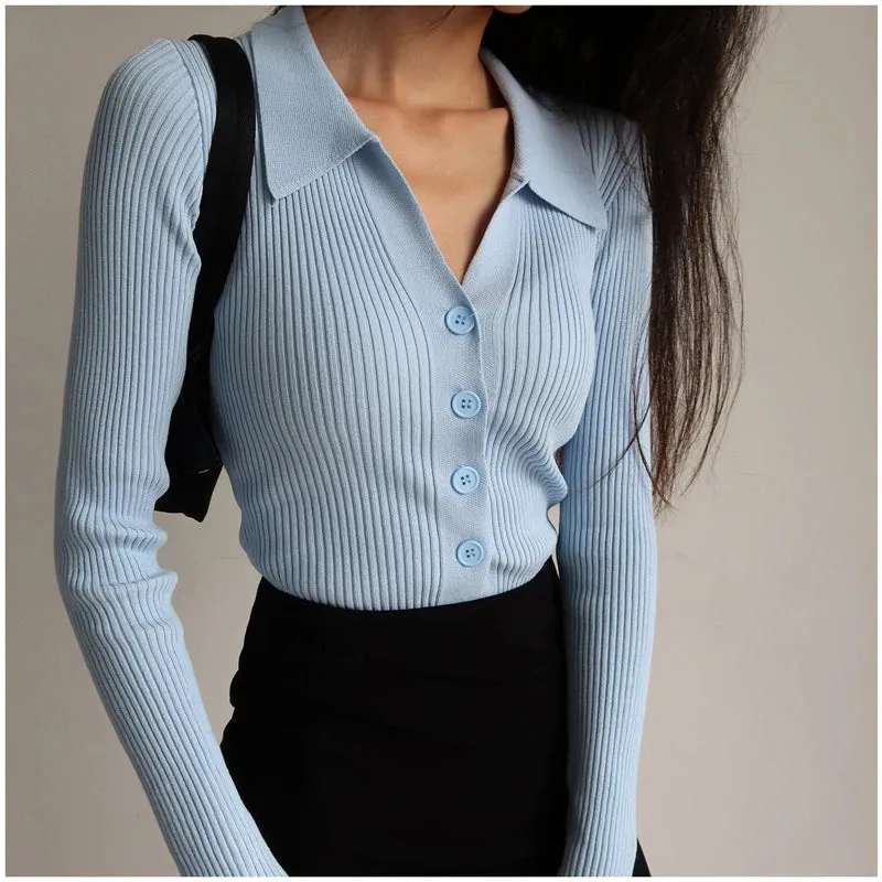 Women 2023 New Lapel Slim Slimming Tops Ladies Hollow Buttons Sexy V Neck Long Sleeve POLO Neck Knit Cardigan Sweater Women