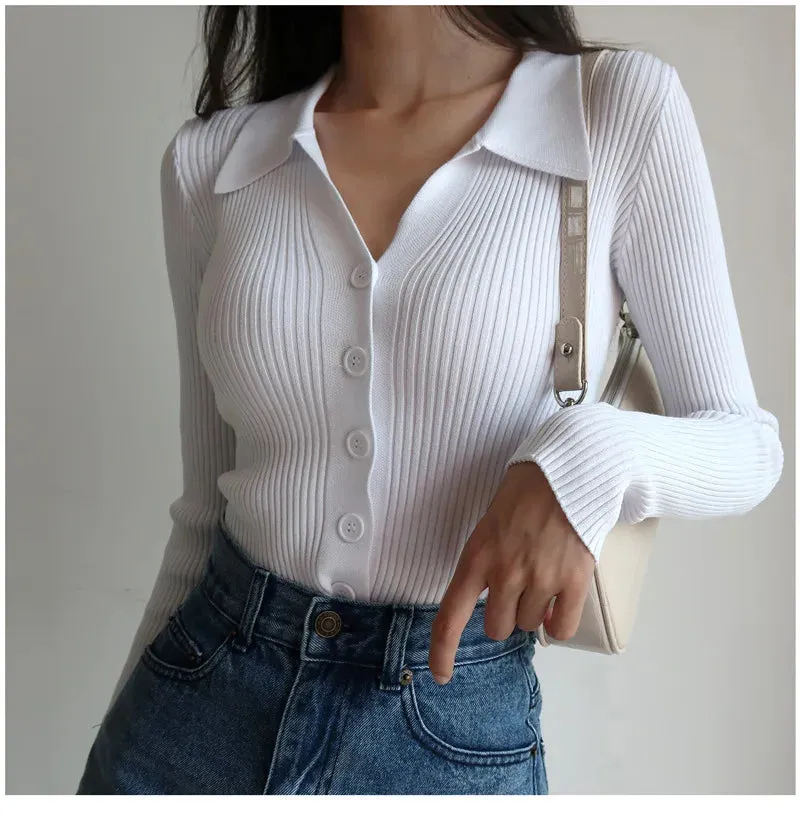 Women 2023 New Lapel Slim Slimming Tops Ladies Hollow Buttons Sexy V Neck Long Sleeve POLO Neck Knit Cardigan Sweater Women